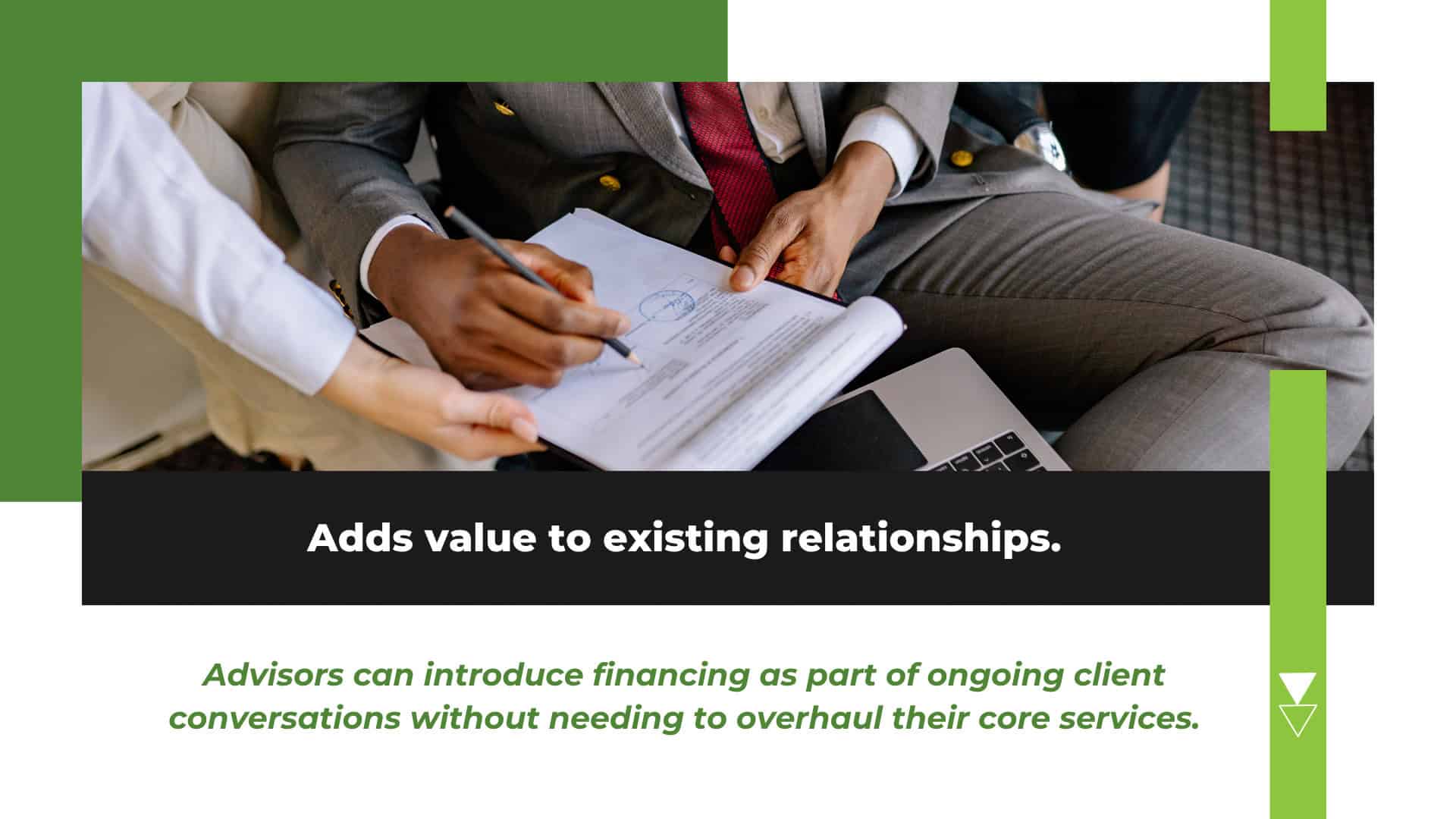 Advisor introducing business loan brokering as part of an existing client financing conversation