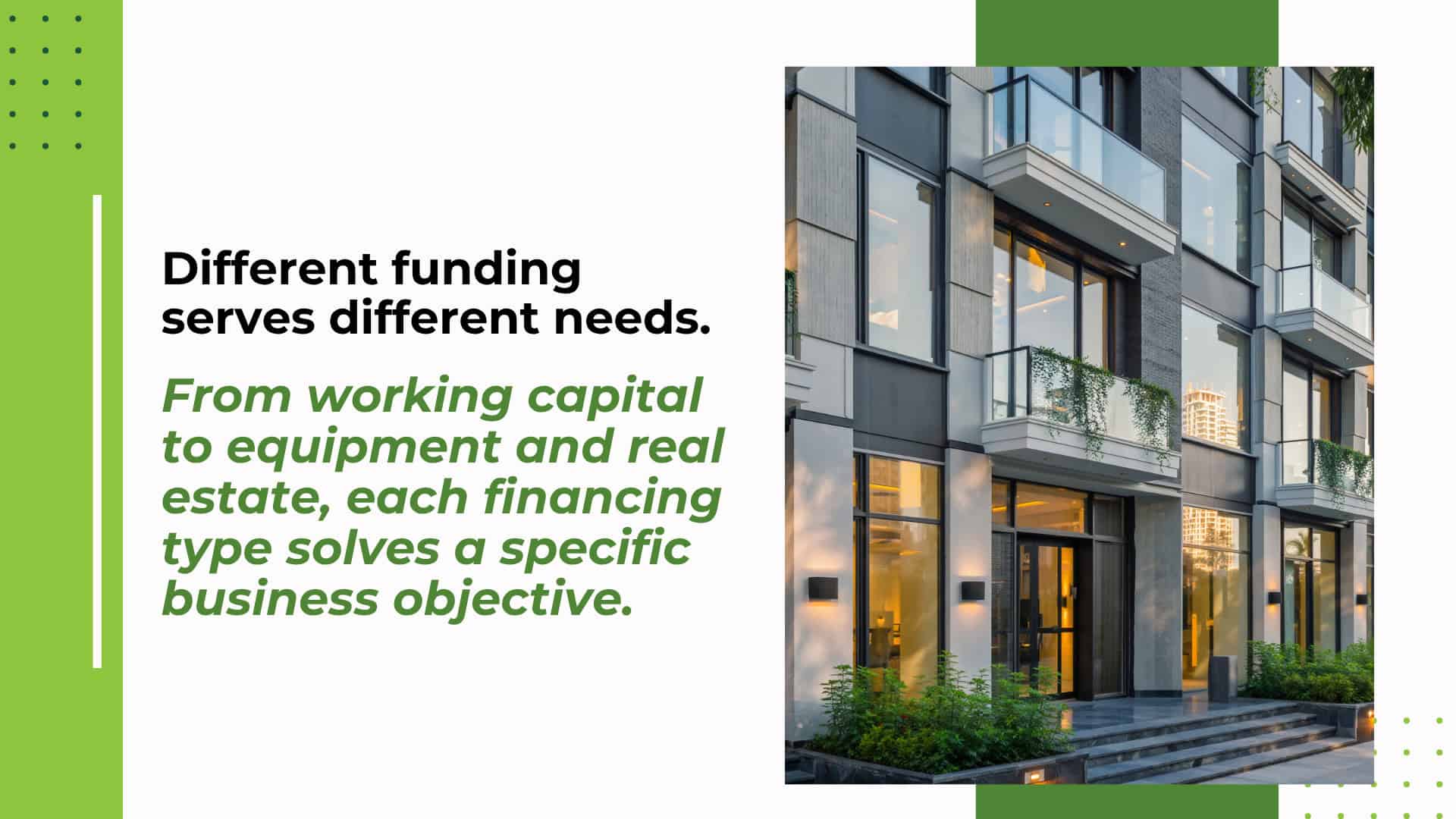 Different types of business financing for commercial real estate, equipment, and working capital needs