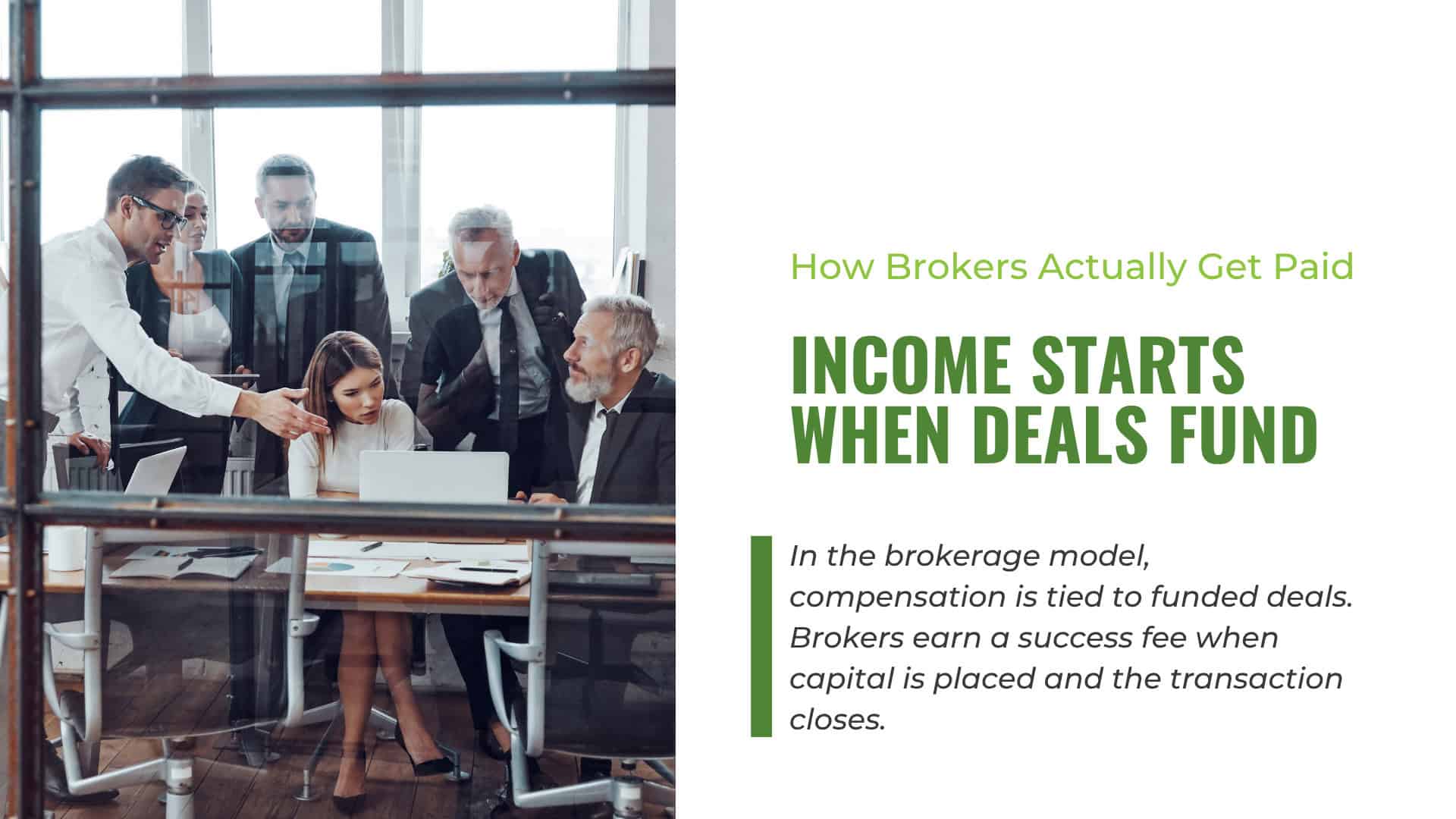 Office team meeting explaining how to start a lending business and earn income when funded deals close